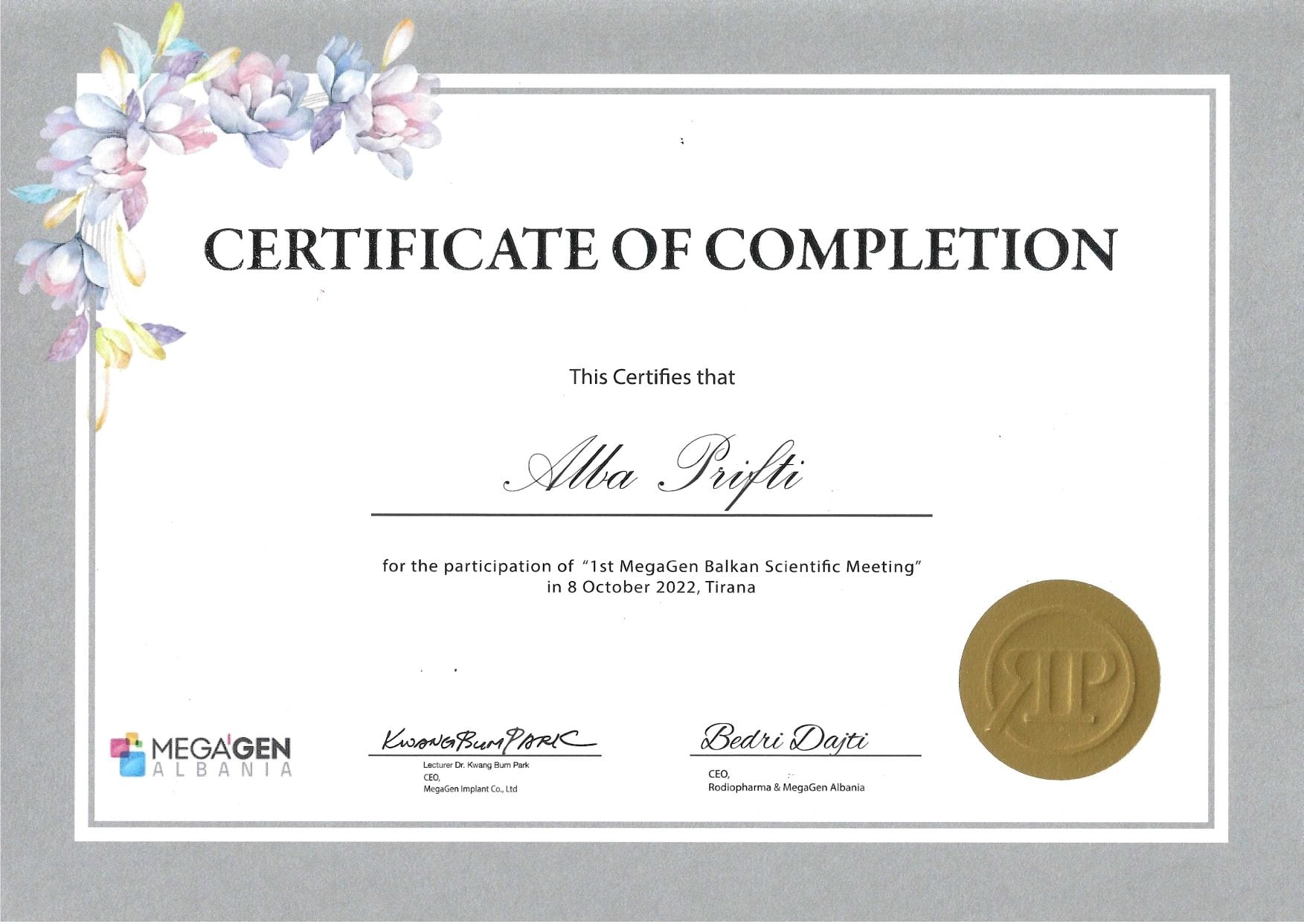 Certificate of completion for dental training or course.