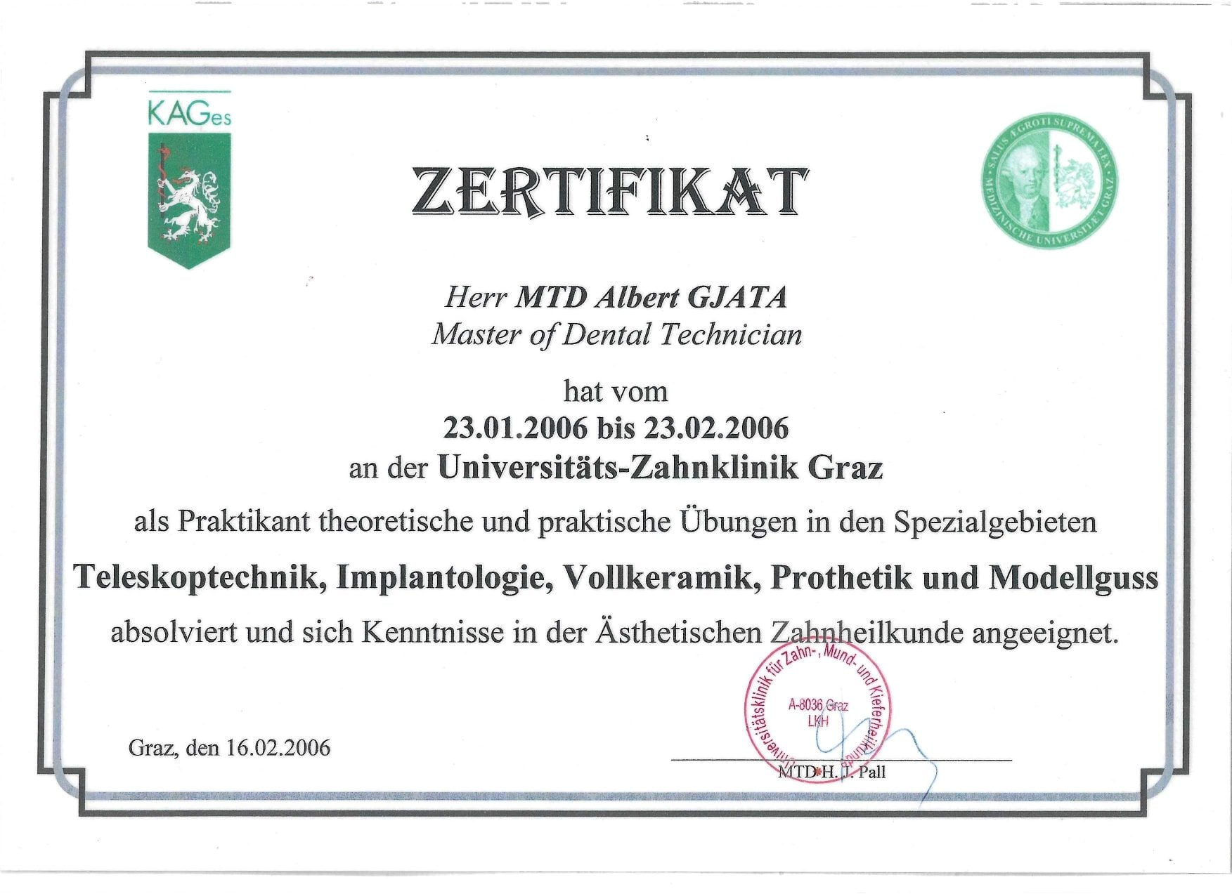 Dental certification document for Teleskoptechnik and prosthetic training.