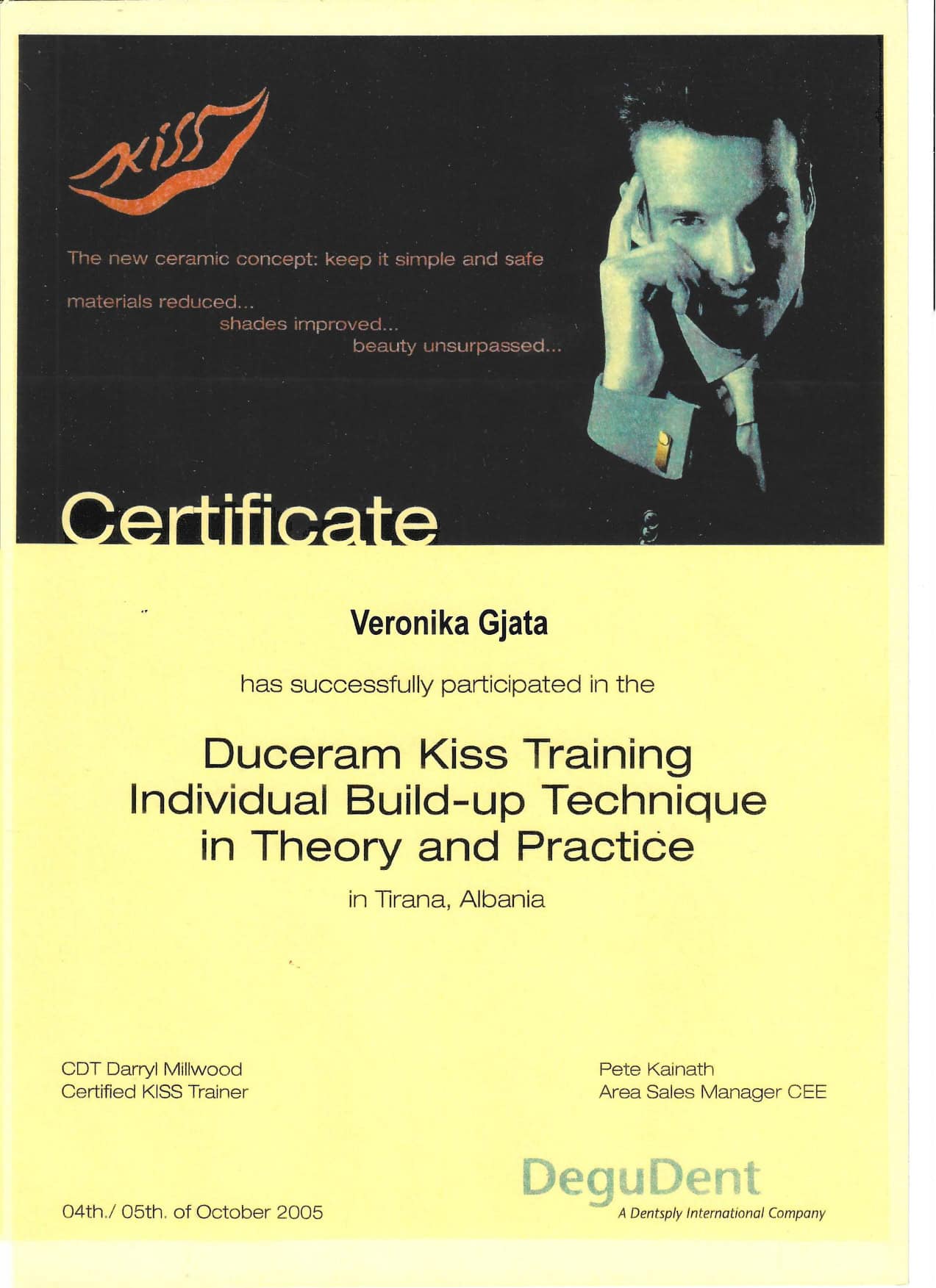 Dental training certificate from DeguDent for Veronika Gjata.