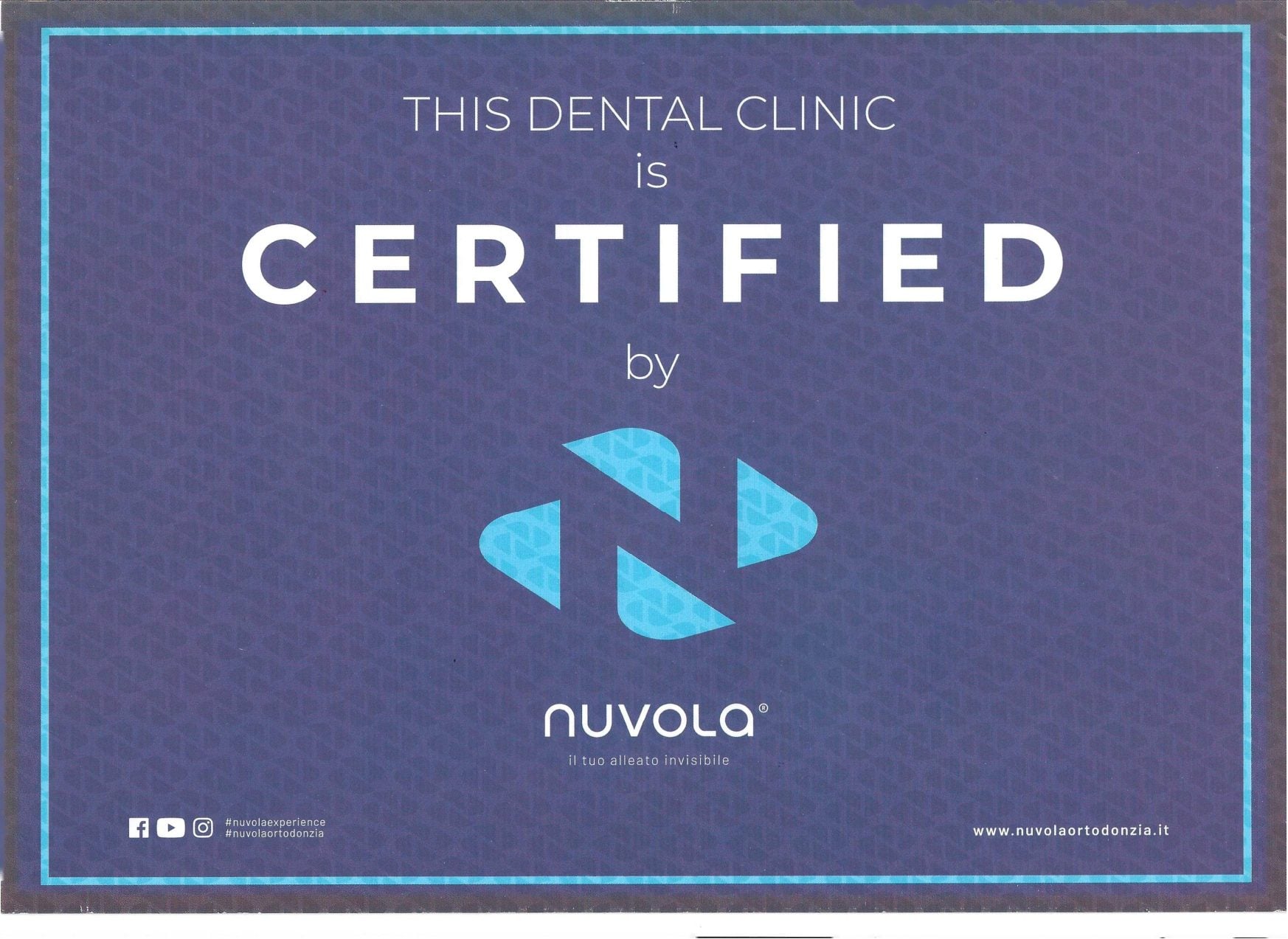 Certified dental clinic badge with Nuvola logo and accreditation.