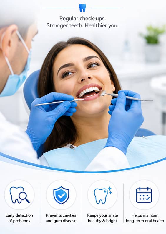 Paziente donna dal dentista per un controllo, sorridente, con il dentista che le esamina i denti.