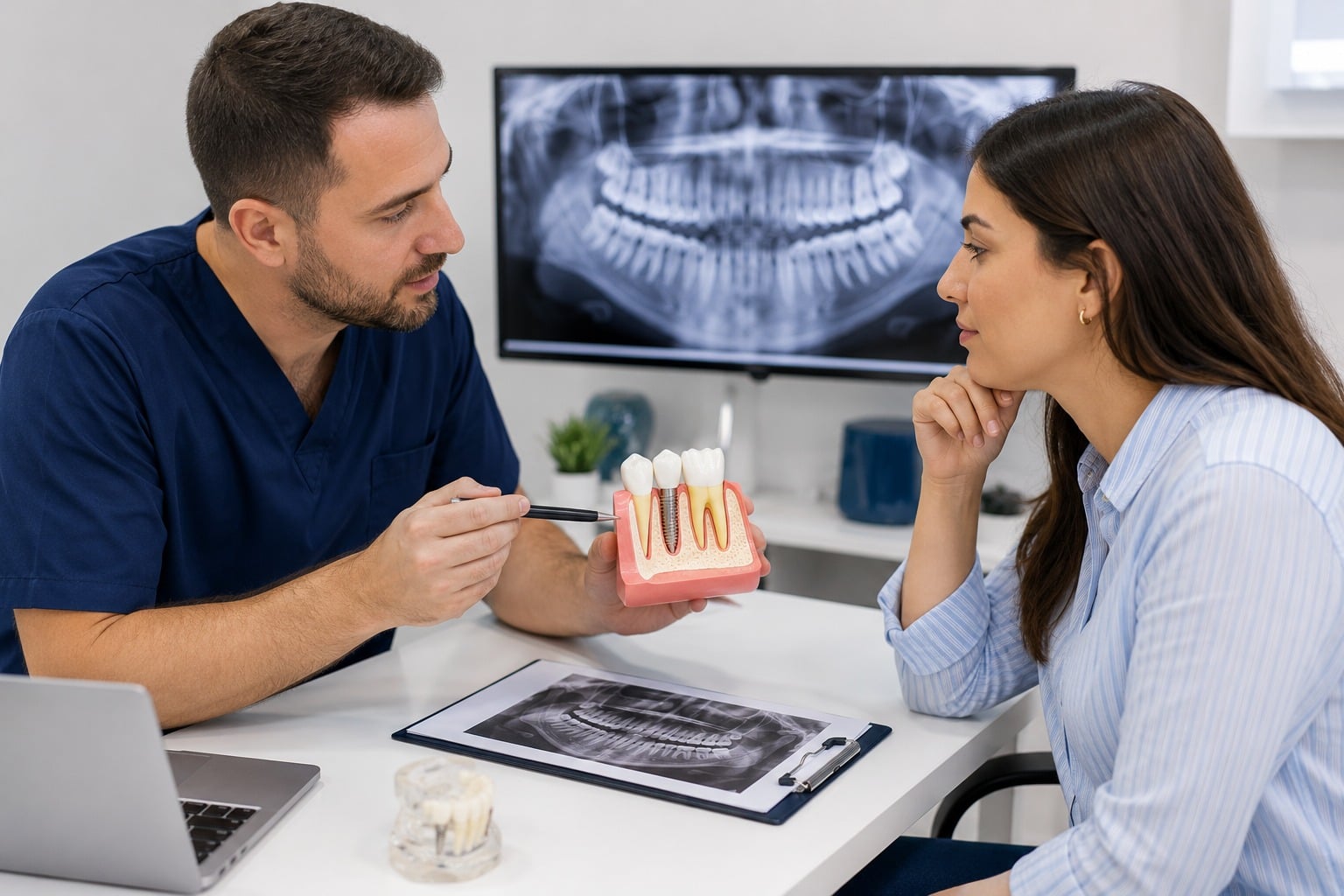 Dentist explaining dental implant options to patient with X-ray images in background.